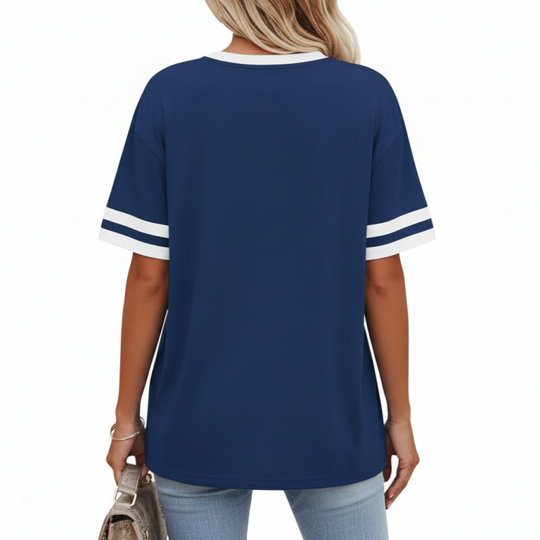 Women's oversized breathable cotton varsity t-shirt featuring a white VALE floral wreath graphic and striped sleeves, shown in Navy, Green, and Red.