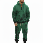 Men's designer wilderness-themed tracksuit set featuring a quarter-zip hoodie and cargo joggers with forest and deer landscape prints on breathable cotton.