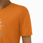 Woman wearing a "Vale" brand floral graphic t-shirt in breathable cotton, available in Forest Green, Olive, and Sand Beige colors.