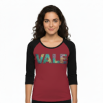 Women's VALE patchwork raglan shirt made of breathable cotton, 3/4 sleeves, featuring colorful textured letter patches on a baseball-style tee.