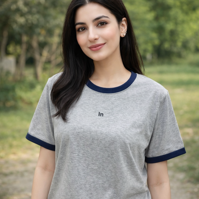 Women’s Grey Ringer T-Shirt – Soft Cotton Casual Summer Tee for Girls