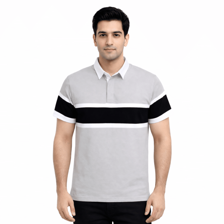 Men’s Grey & Black Stripe Polo Shirt – Premium Cotton Jersey Casual Smart Fit Polo Shirt Pakistan