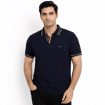 Navy Textured Jacquard Polo Shirt Front