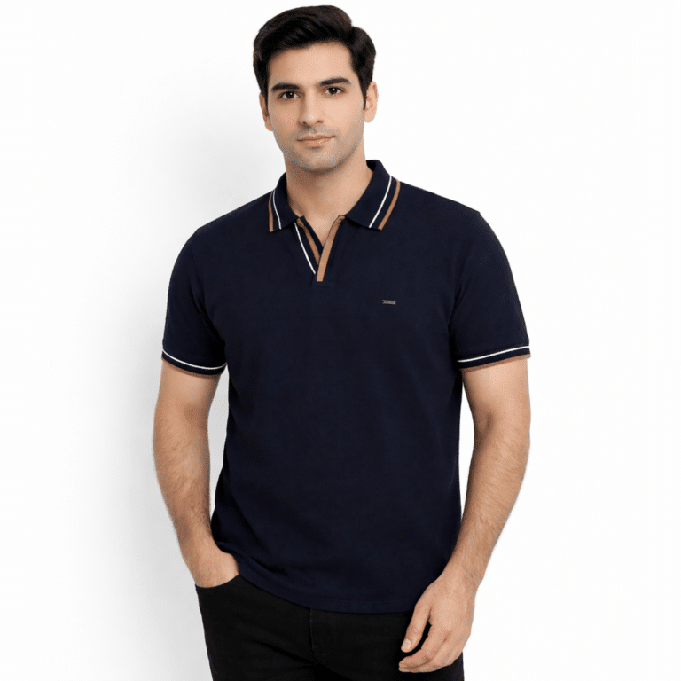 Navy Textured Jacquard Polo Shirt Front