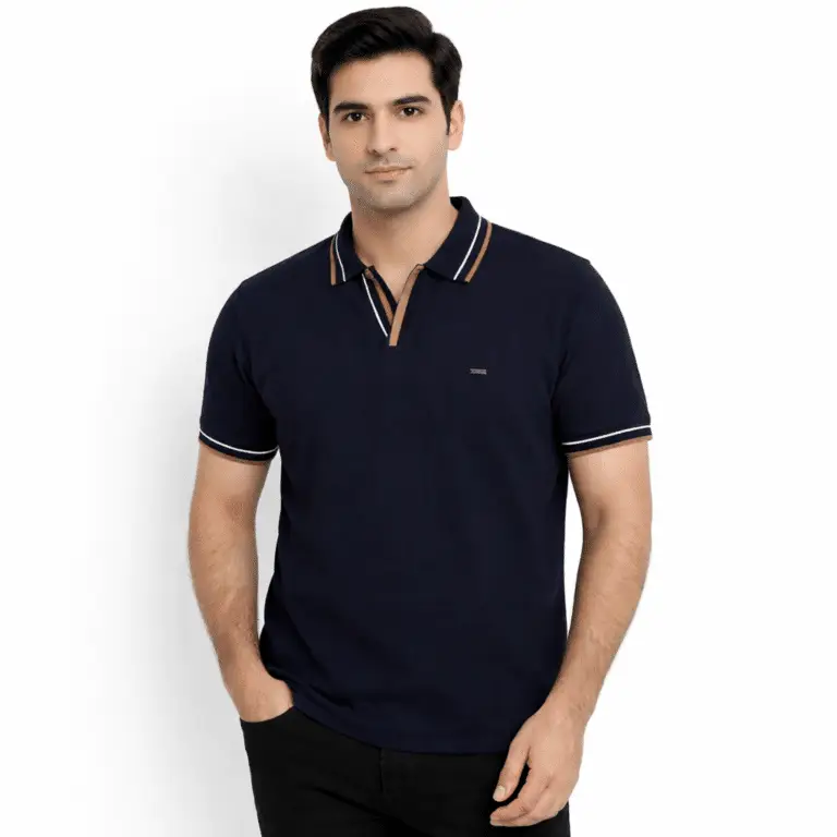 Navy Textured Jacquard Polo Shirt Front