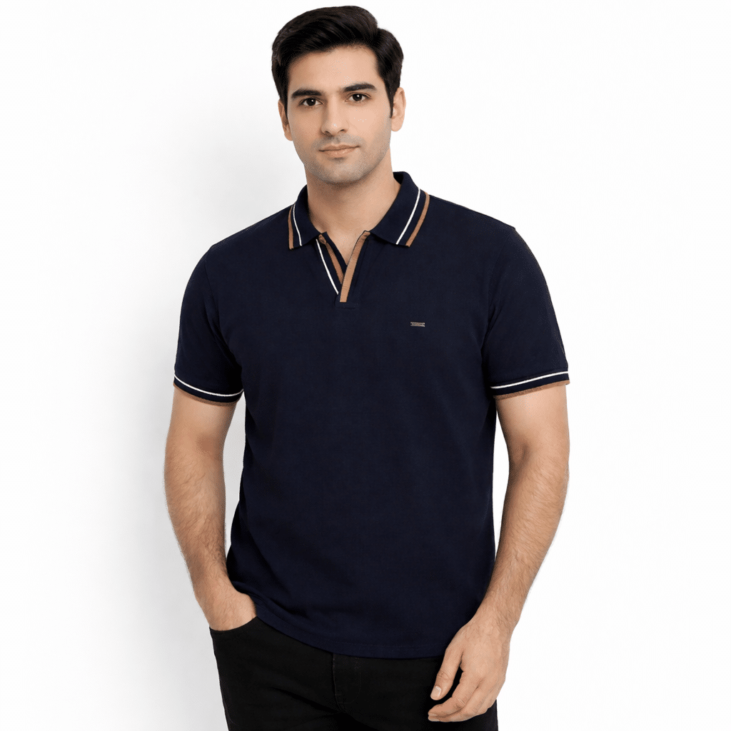 Navy Textured Jacquard Polo Shirt Front Navy Textured Jacquard Polo Shirt Front