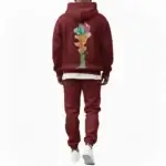 Men beige tracksuit hoodie set VALE tree graphic cotton fleece slim fit winter