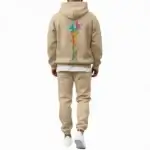 Men beige tracksuit hoodie set VALE tree graphic cotton fleece slim fit winter