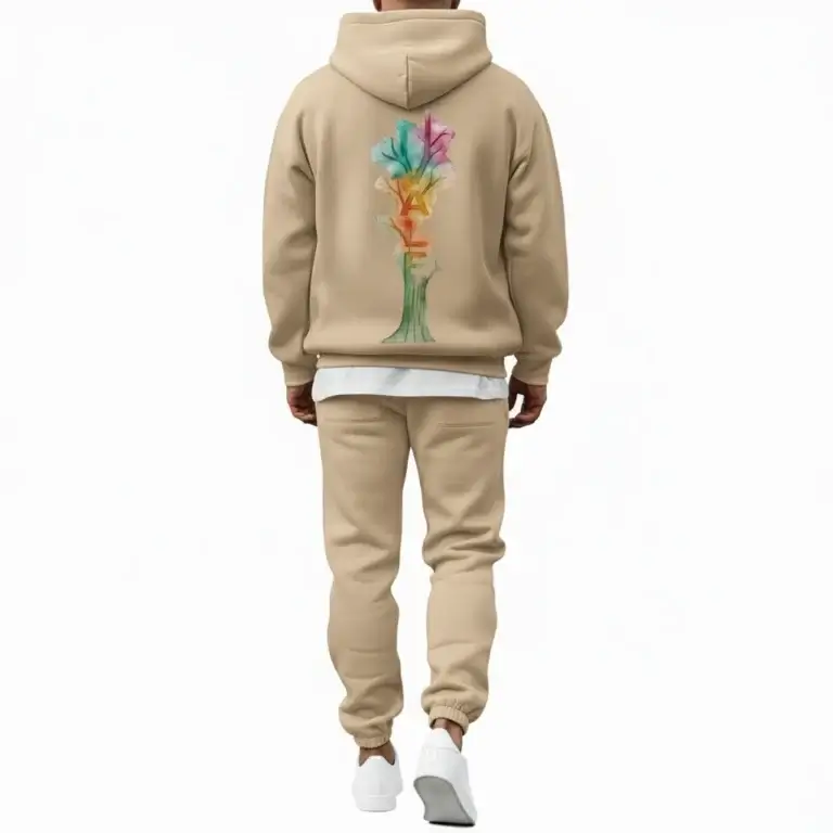 Men beige tracksuit hoodie set VALE tree graphic cotton fleece slim fit winter