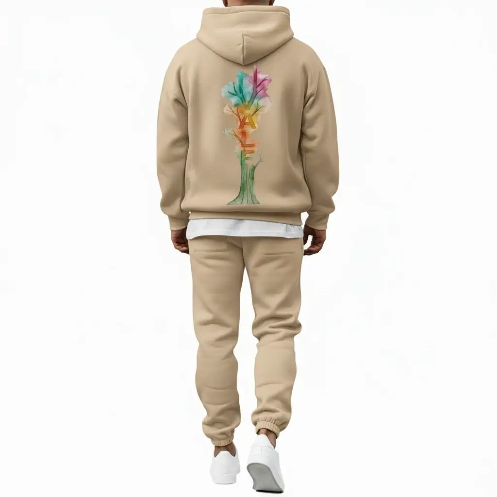 Men beige tracksuit hoodie set VALE tree graphic cotton fleece slim fit winter
