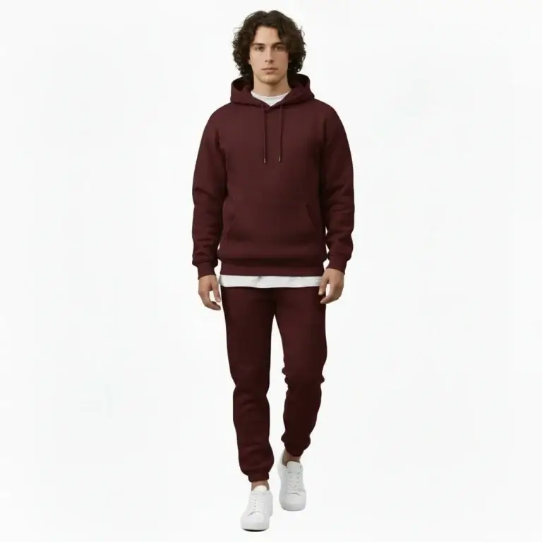 Men maroon tracksuit hoodie set with VALE print cotton fleece slim fit