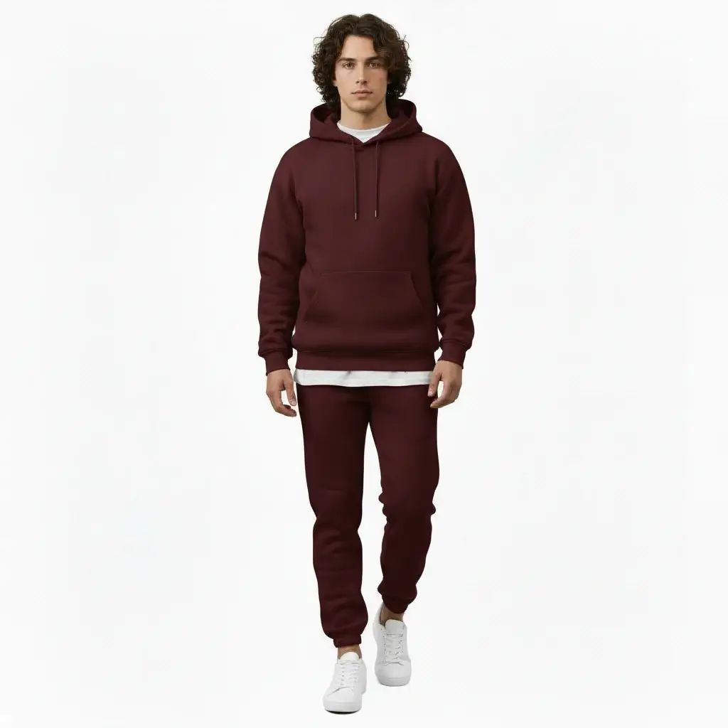 Men maroon tracksuit hoodie set with VALE print cotton fleece slim fit