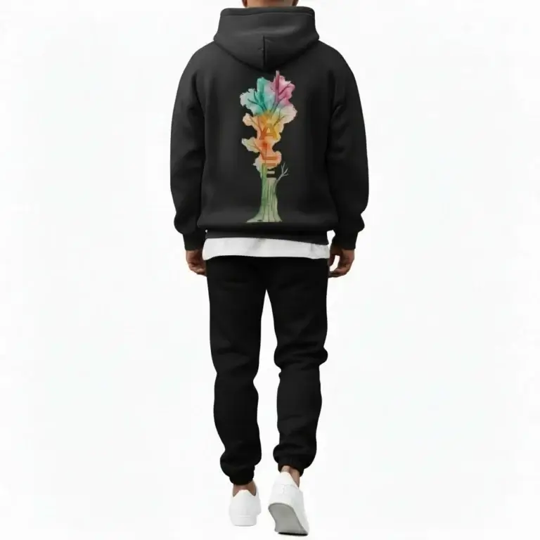 Men beige tracksuit hoodie set VALE tree graphic cotton fleece slim fit winter