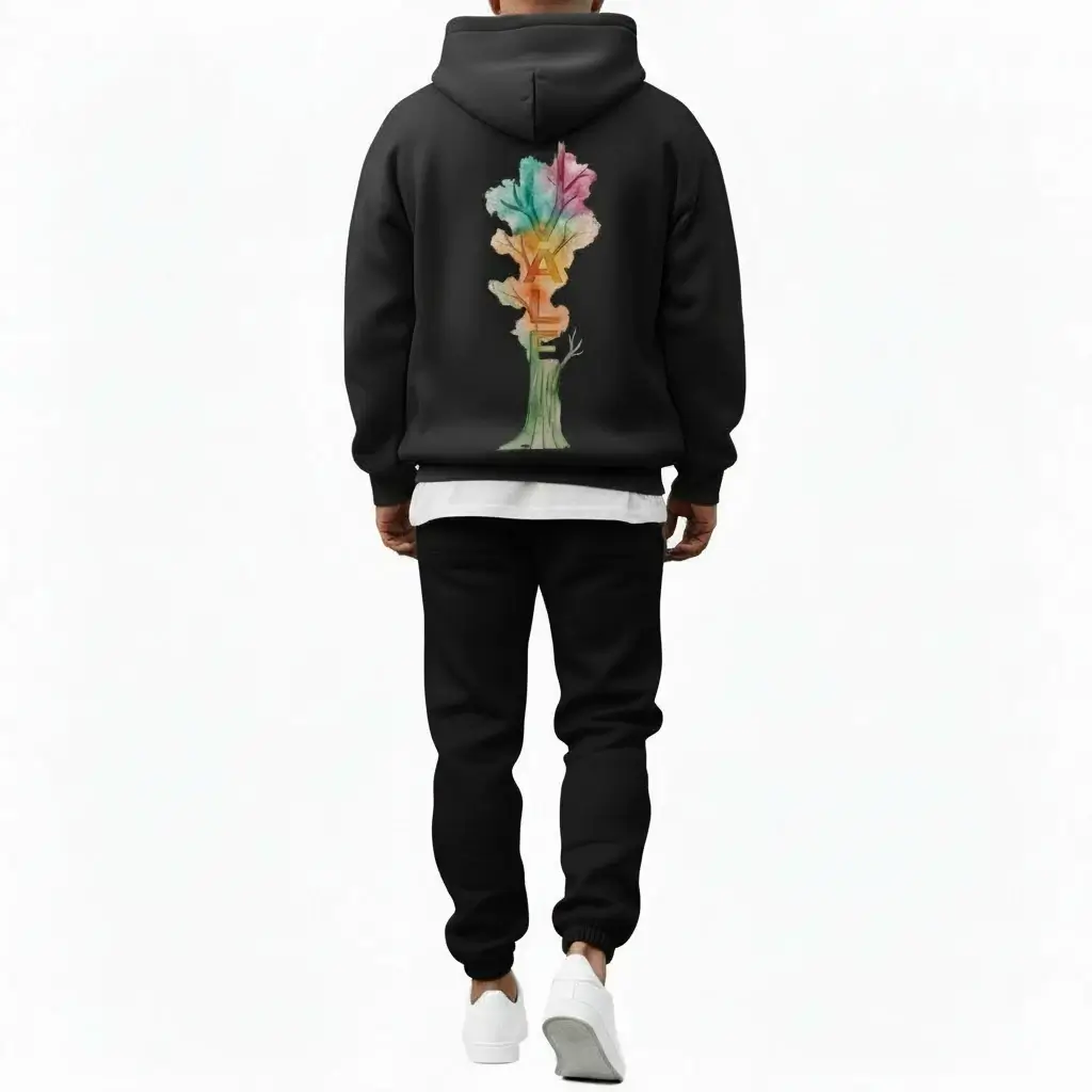 Men beige tracksuit hoodie set VALE tree graphic cotton fleece slim fit winter