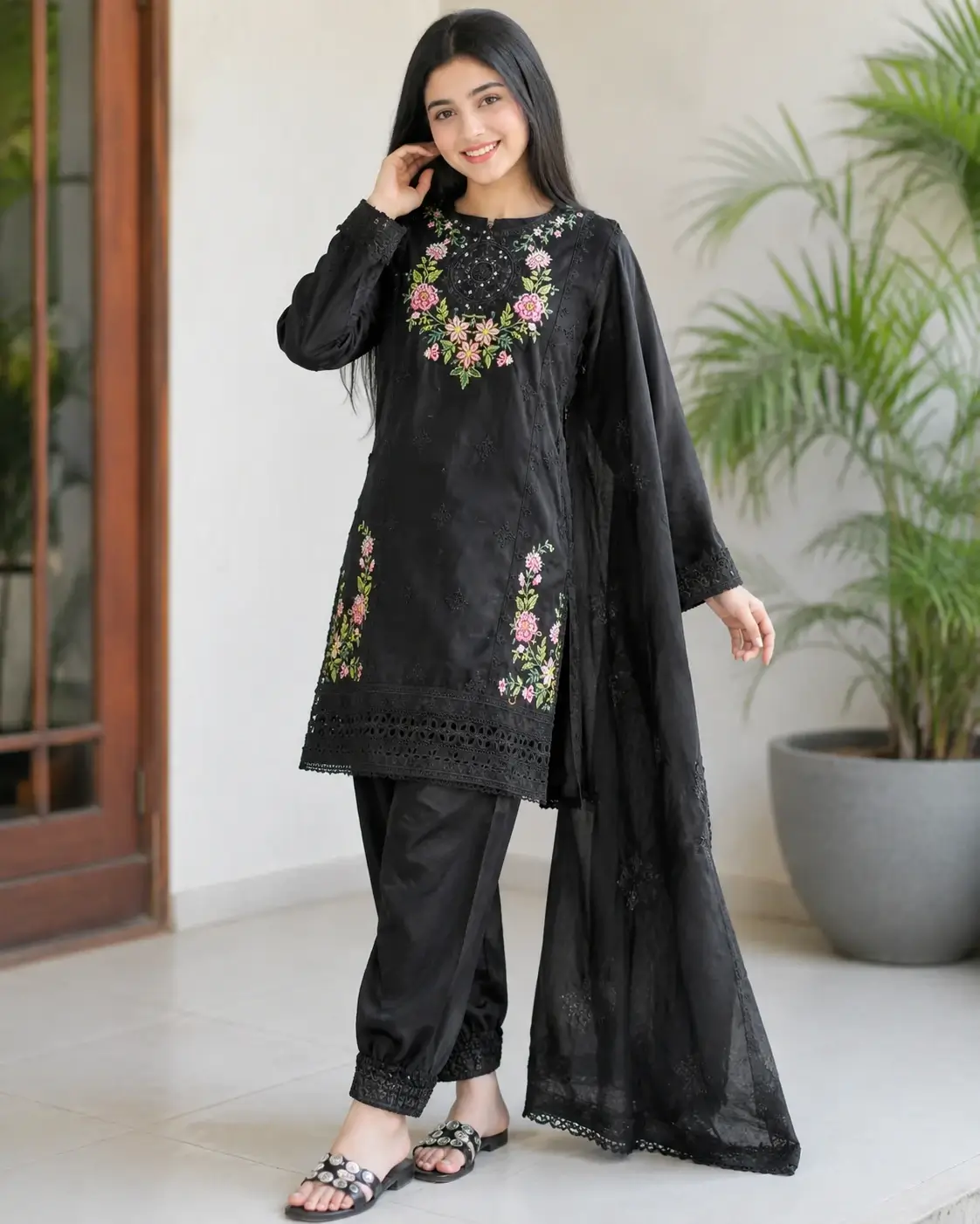 Black Suit, Embroidered Suit, Lawn Suit, Women Dress, Pakistani Dress, 3 Piece Suit, Floral Embroidery, Eid Collection, Casual Wear, Dupatta Suit
